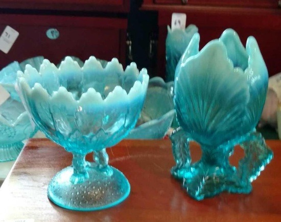 Opalescent Blue Glass dishs with leaf design