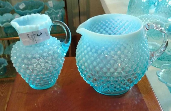 (2) Opalescent Blue Glass pitchers