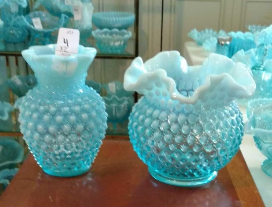 (2) Opalescent Blue Vases with Ruffled Edges