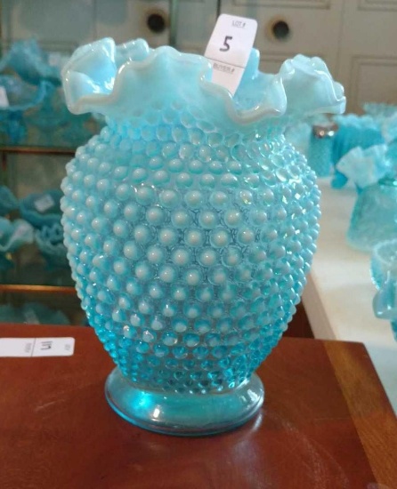 Very nice tall opalescent blue glass with ruffled top