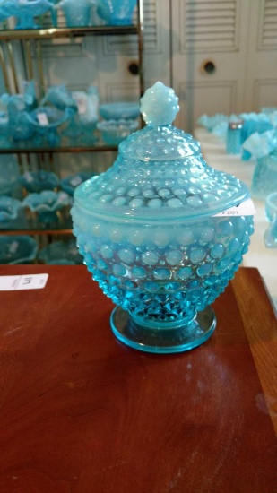 (1) Opalescent Blue Glass Compote with Lid
