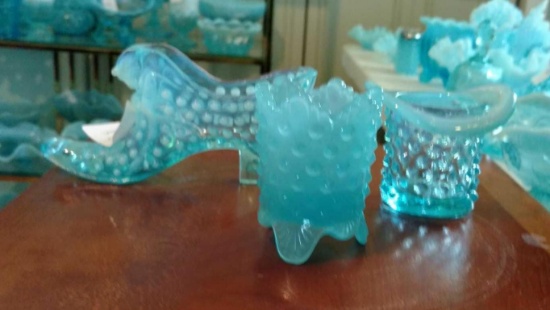3 stunning some Fenton ,Opalescent Blue Glass items