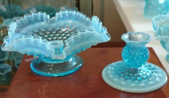 2 Opalescent blue glass candle holders