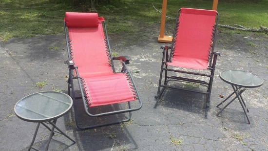 (2) Nice Red Outdoor Lounging Sets with (2) Glass/Metal Tables