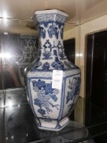 tall blue and white vase with Vining accents