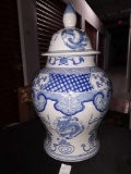 Extra Large Blue and White Porcelain Lidded Jar with Dragons
