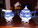 Matching Ornate Blue and White Porcelain Sugar Bowl and Creamer, Bombay