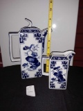 Blue and White Rectangular Porcelain Teapot and Creamer