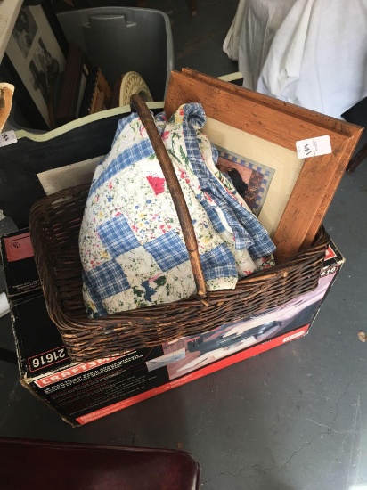 Woven basket with quilted pillowcases and rooster art