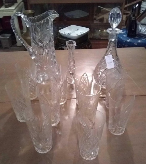 3 cut glass items: Pitcher, Vase, and Decanter and 10 matching glasses