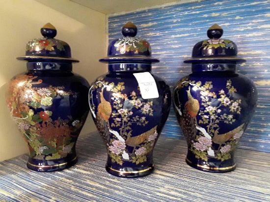 Three nice large deep blue ginger jar