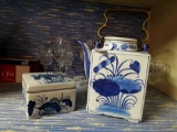 Oriental, Blue and White Squared Teapot and Teabox