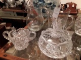 Glass Wide Bottom Pitcher, 2 Glass Candy Dishes, and a Nice Plastic Pitcher
