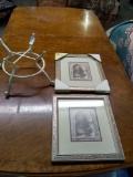 Heavy cast iron plant stand & 2 matching framed pictures