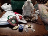 Christmas Lot: Father Christmas, White Tree Skirt, Ornaments, Etc