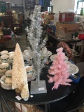4 vintage Christmas trees. Two bottlebrush, one aluminum and one pink metallic