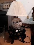 Petite white and blue Floral Lamp on Tall Wooden Pedestal