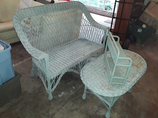 Blue Shabby Chic Wicker Table and Loveseat with Matching Trinket Shelf