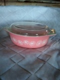 Pink Pyrex casserole dish with daisies one and a half quart
