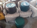 2 Tweed-style Armchairs with 3 leather-look ottomans