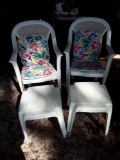 2 White Patio Chairs with Footstools