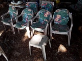 Lot of 6 Patio Furniture Chairs with Foot Stool: 4 Molded Plastic, 2 Metal Folding