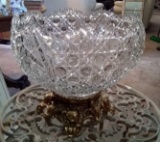 Huge ornate glass punch bowl on gold metal stand