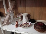 Shelf Lot Including Jewelry and Ceramic Pieces