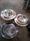 Silver colored and silver plate trays etc