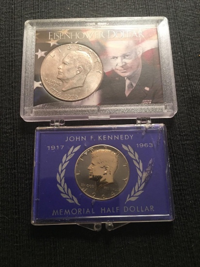 JFK 1964 gold on silver Memorial half dollar and 1976 Eisenhower Dollar