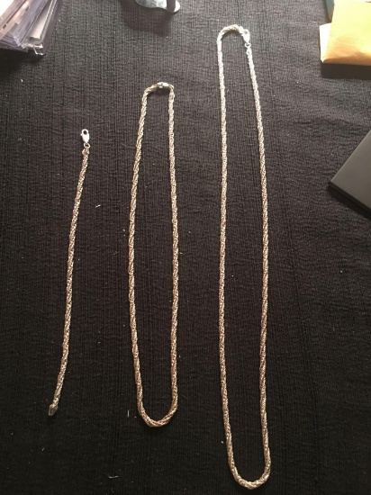 3 piece Sterling Silver Twisted Foxtail bracelet and necklace set