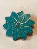 MEXICO ALPACA SILVER & TURQUOISE FLORAL BROOCH/PENDANT