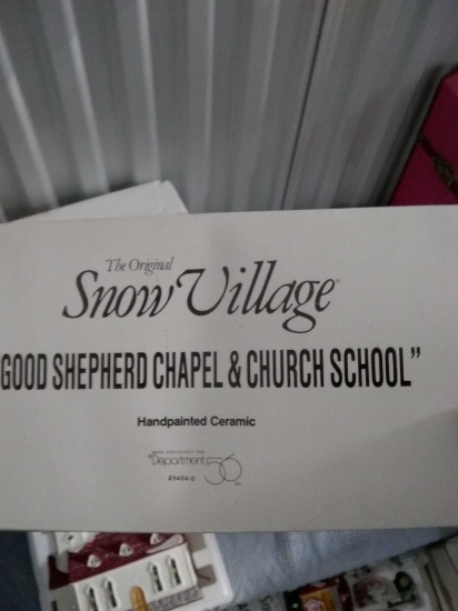 The original Snow village Good Shepherd chapel and church school hand-painted ceramic