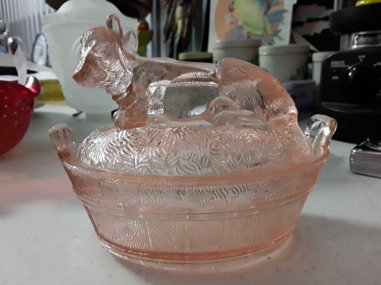 Heisey Pink Covered Candy Dish with Cow on Top