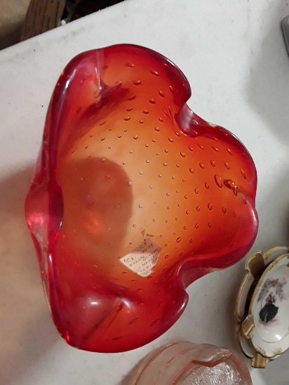 Vintage Red Art Glass Ashtray with Bubbles
