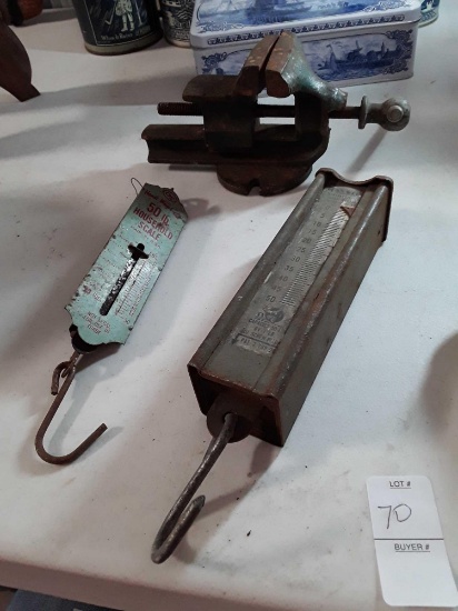 Vintage Vise and Hanging Scales