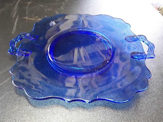 Pretty In Blue Glass Sectioned tray with applied handles