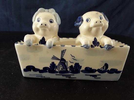 Adorable Delft Pig Salt and Pepper Shakers with Holder, Windmill Style