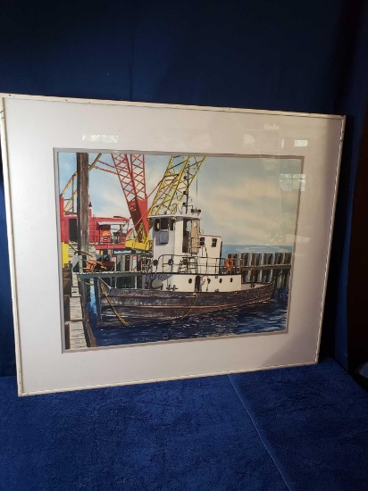 Signed by Mike King in 1991 painting of A Tug Boat at The Dock