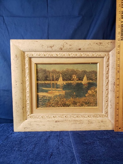 Small Oil Painting of "The Lake at Argenteuil" by Claude Monet dated 1875-1926 Set in A Vintage