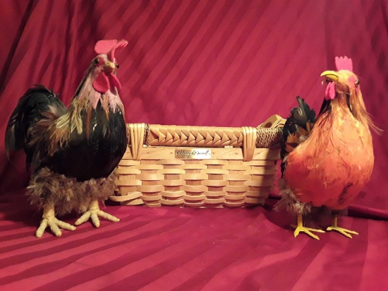 Cute HARRY AND DAVID Wood Basket with Rooster and Hen, Real Feathers
