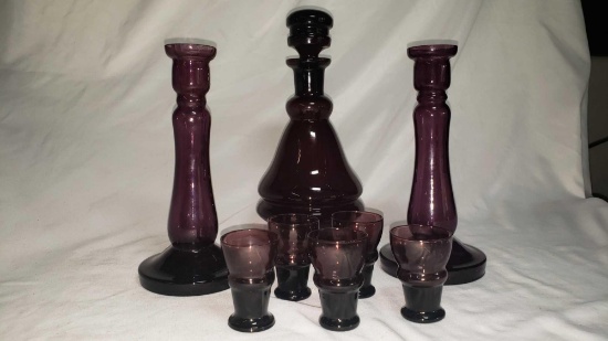 Beautiful Amethyst Glass Decanter, Set of Candle Stck Holders, & Set of Seven (7) Tiny Shot Glasses