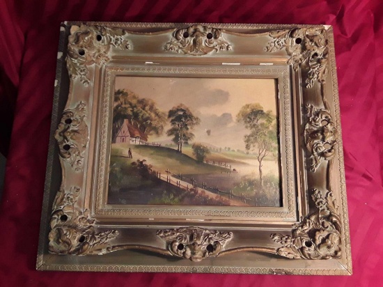 Ornate Antique Frame, with Signed Painting on Wood Board