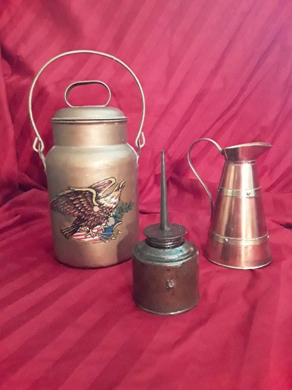 Three (3) Pc Metal Lot: Oil Can, Copper-colored Pitcher, Crock-style Lidded Jug