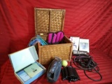 Wicker Lidded Basket Full of Exercise Equipment, Yoga Gear, Stretch Bands, DVDs and Tapes, Stretch