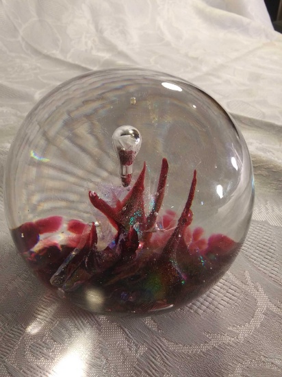 G. REDMOND SIGNED ART GLASS DEEP RED COLOR ERUPTION WITH BUBBLE 3" PAPERWEIGHT