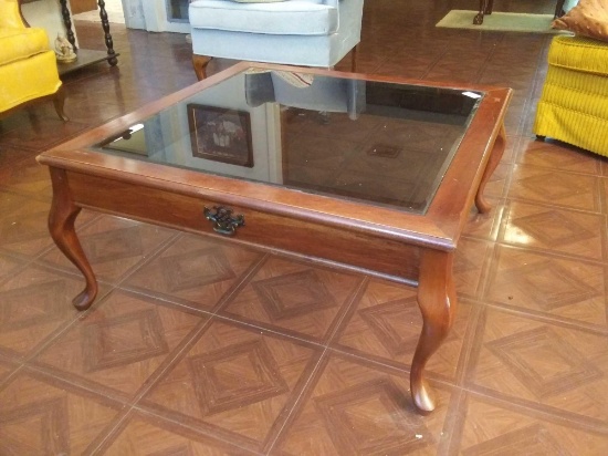 Classy, Brass-handled, Glass-top, Wooden Square Coffee Table