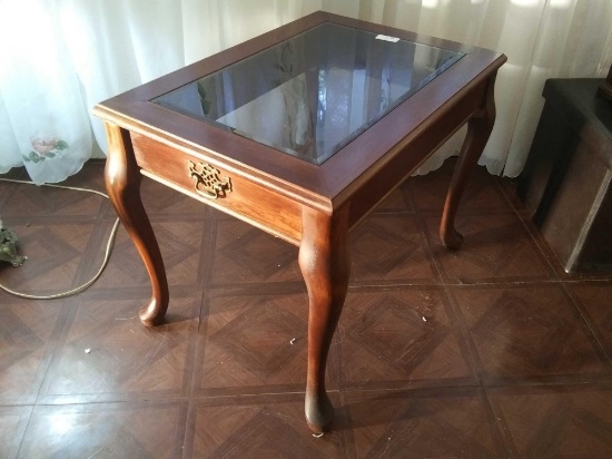 Classy, Brass-handled, Glass-top, Wooden End Table