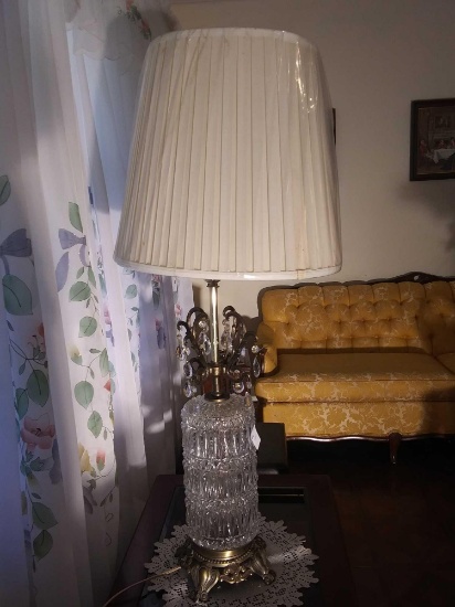 Tall Elegant Glass and Metal Table Lamp with Crystals