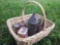 Large Picnic-style Basket, Loaded with all kinds Of Old Metal and Other Odditiea